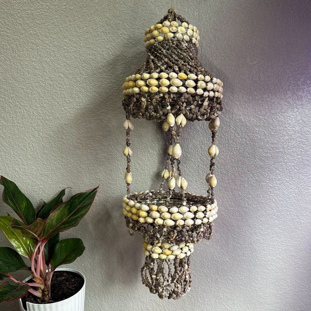 1970's Vintage Sea Shell Hanging Plant Holder Coastal Boho Mobile Chandelier